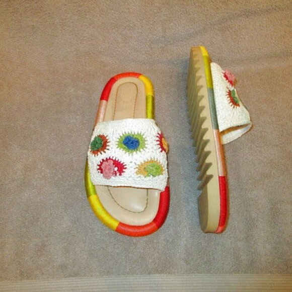 FARM Rio Shoes - Farm Rio Sunset Crochet Slide Sandals Size 10 Vegan Leather Rainbow Beach Resort